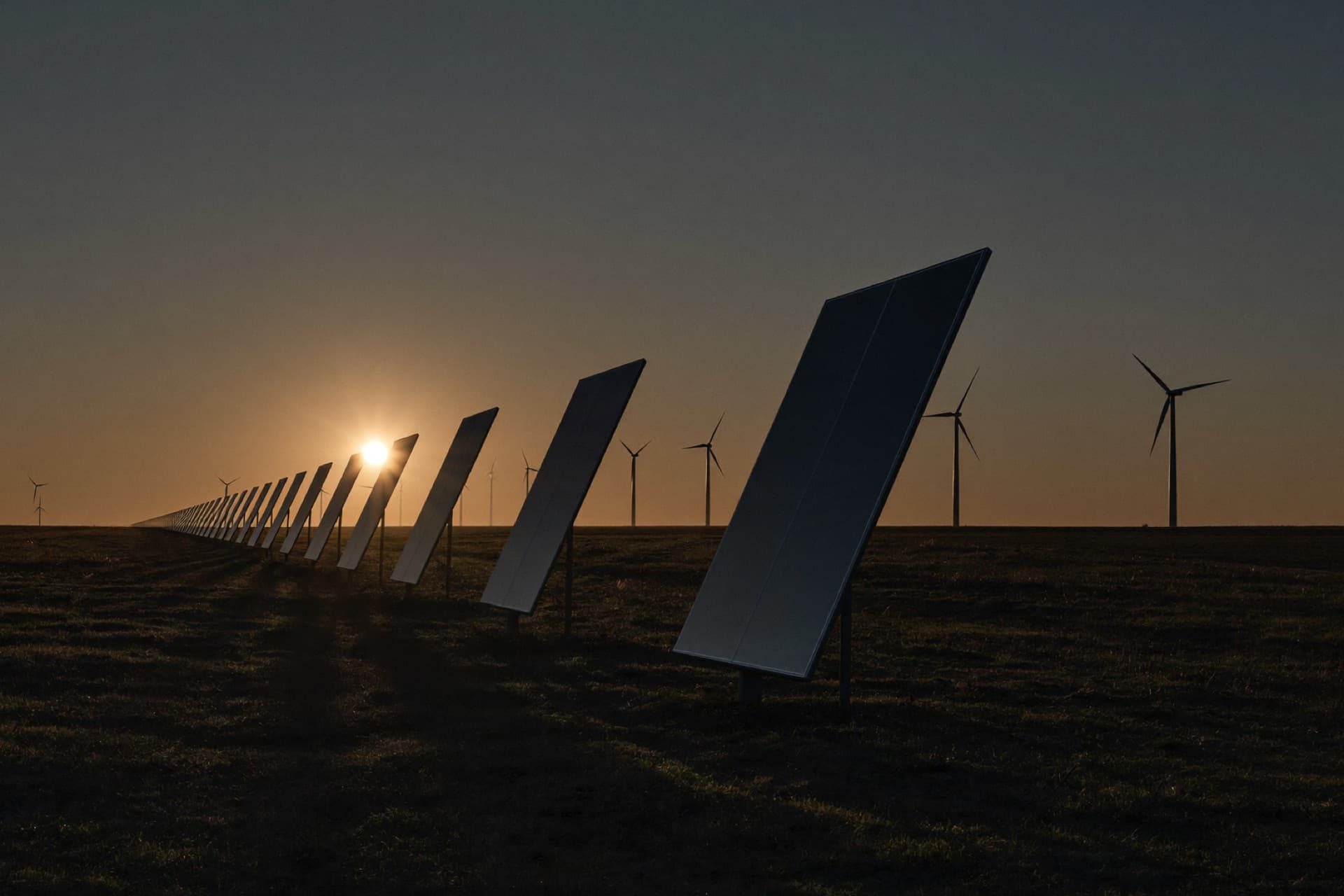 Solarpark bei tiefstehender Abendsonne mit Windrädern am Horizont